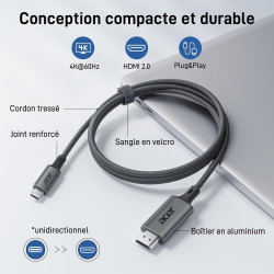 Acer Câble USB C vers HDMI 4K@60Hz, Cable Thunderbolt 4 3 Type C HDMI 2.0 Compatible avec iPhone 16 Plus Pro Max 15 MacBook Pro 