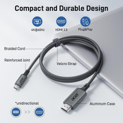 Acer Câble USB C vers HDMI 4K@60Hz, Cable Thunderbolt 4 3 Type C HDMI 2.0 Compatible avec iPhone 16 Plus Pro Max 15 MacBook Pro 