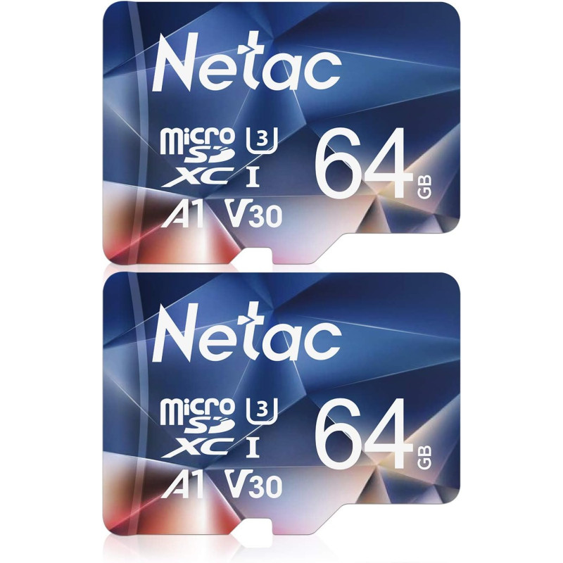 Netac 2 Paquets 64Go Carte Mémoire Micro SDHC A1, U3, UHS-I，C10, V30 Vitesse Jusqu'à 100/30 Mo/Sec (R/W) pour Smartphone, Appare