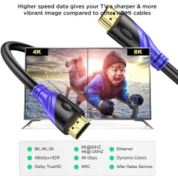 8K Câble HDMI 0.5m, câble 2.1 HDMI haute vitesse 48Gbps 8K@60Hz 4K@120Hz, HDCP 2.2&2.3 Compatible avec Roku TV/PC/Monitor Projec