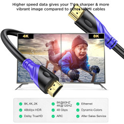 Câble HDMI 8K/60HZ 3m (HDMI 2.1, 48 Gbit/s) Connecteurs Plaqués or Ultra Haut Débit, Retour Audio Ethernet, Compatible avec Blu 