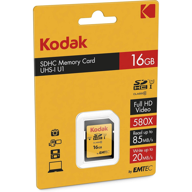 Kodak - Carte SD 16 Go UHS-I U1 V10 SDHC/XC - Carte Mémoire - Vitesse de Lecture 85MB/s Max - Vitesse d'Écriture 25MB/s Max - St