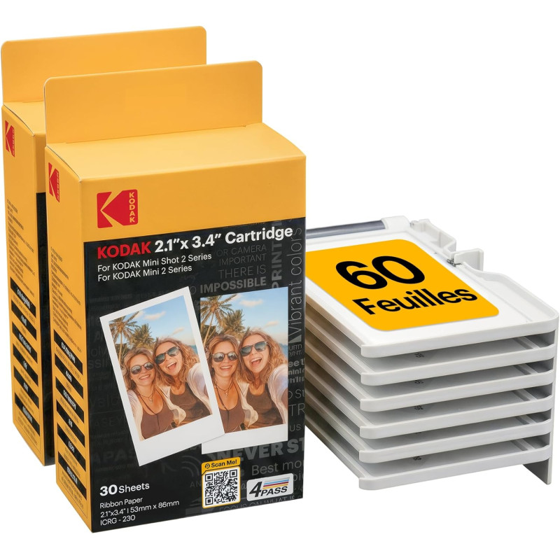 KODAK ICRG260 – Cartouche photo 4PASS avec papier 60 tirages 5,3x8,6 cm, Compatible Mini Shot 2, Mini Shot 2 Retro, Mini 2, Mini