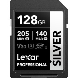Lexar argent carte sd 128go, uhs-i carte sdxc jusqu'à 205 mo/s en lecture, 140 mo/s en écriture, v30, 4k uhd video, u3, classe 1