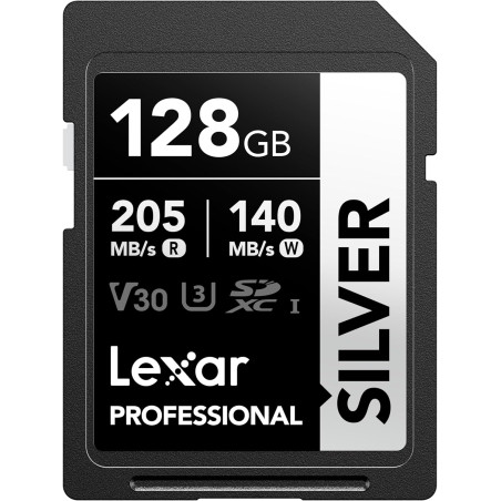 Lexar argent carte sd 128go, uhs-i carte sdxc jusqu'à 205 mo/s en lecture, 140 mo/s en écriture, v30, 4k uhd video, u3, classe 1