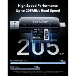 Lexar argent carte sd 128go, uhs-i carte sdxc jusqu'à 205 mo/s en lecture, 140 mo/s en écriture, v30, 4k uhd video, u3, classe 1