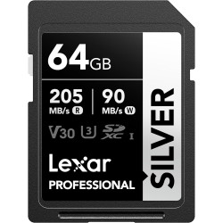 Lexar argent carte sd 64go, uhs-i carte sdxc jusqu'à 205 mo/s en lecture, 90 mo/s en écriture, v30, 4k uhd video, u3, classe 10,