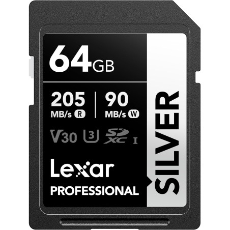 Lexar argent carte sd 64go, uhs-i carte sdxc jusqu'à 205 mo/s en lecture, 90 mo/s en écriture, v30, 4k uhd video, u3, classe 10,