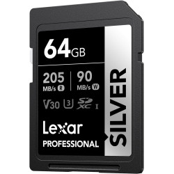 Lexar argent carte sd 64go, uhs-i carte sdxc jusqu'à 205 mo/s en lecture, 90 mo/s en écriture, v30, 4k uhd video, u3, classe 10,