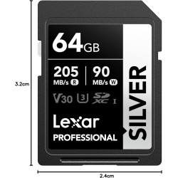 Lexar argent carte sd 64go, uhs-i carte sdxc jusqu'à 205 mo/s en lecture, 90 mo/s en écriture, v30, 4k uhd video, u3, classe 10,