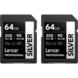Lexar argent lot de 2 cartes sd 64go, uhs-i carte sdxc jusqu'à 205 mo/s en lecture, 90 mo/s en écriture, v30, 4k uhd video, u3, 