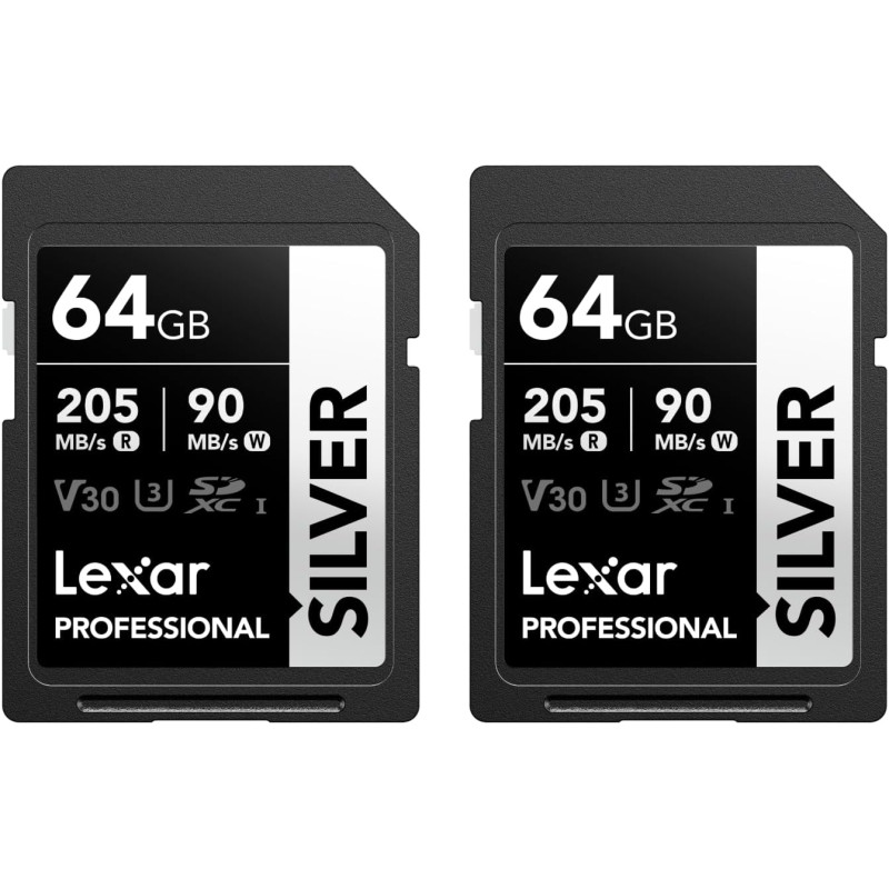 Lexar argent lot de 2 cartes sd 64go, uhs-i carte sdxc jusqu'à 205 mo/s en lecture, 90 mo/s en écriture, v30, 4k uhd video, u3, 