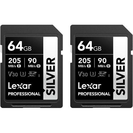 Lexar argent lot de 2 cartes sd 64go, uhs-i carte sdxc jusqu'à 205 mo/s en lecture, 90 mo/s en écriture, v30, 4k uhd video, u3, 