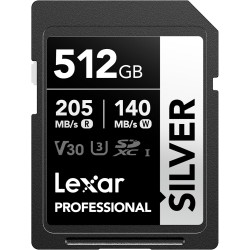 Lexar argent carte sd 512go, uhs-i carte sdxc jusqu'à 205 mo/s en lecture, 140 mo/s en écriture, v30, 4k uhd video, u3, classe 1