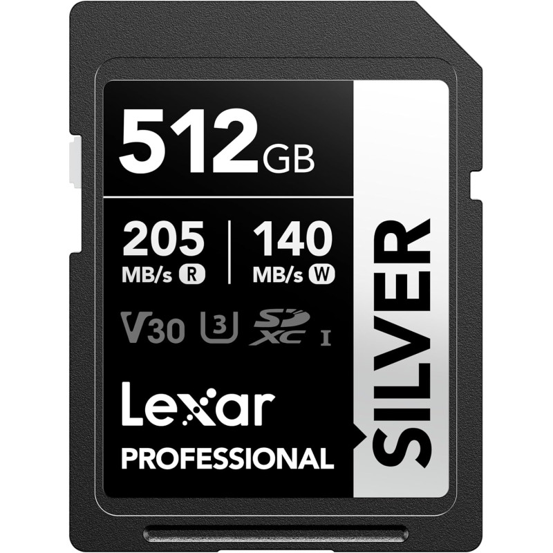 Lexar argent carte sd 512go, uhs-i carte sdxc jusqu'à 205 mo/s en lecture, 140 mo/s en écriture, v30, 4k uhd video, u3, classe 1
