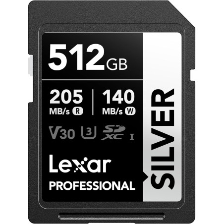 Lexar argent carte sd 512go, uhs-i carte sdxc jusqu'à 205 mo/s en lecture, 140 mo/s en écriture, v30, 4k uhd video, u3, classe 1
