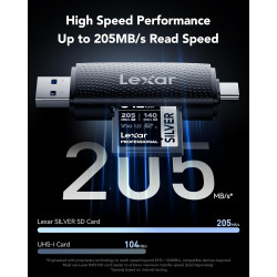 Lexar argent carte sd 512go, uhs-i carte sdxc jusqu'à 205 mo/s en lecture, 140 mo/s en écriture, v30, 4k uhd video, u3, classe 1