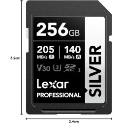 Lexar argent carte sd 256go, uhs-i carte sdxc jusqu'à 205 mo/s en lecture, 140 mo/s en écriture, v30, 4k uhd video, u3, classe 1
