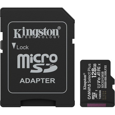 Kingston Canvas Select Plus Carte mémoire microSD 128GB microSDXC Gen3 150MB/s A1 Adaptateur SD Inclus - SDCS3/128GB