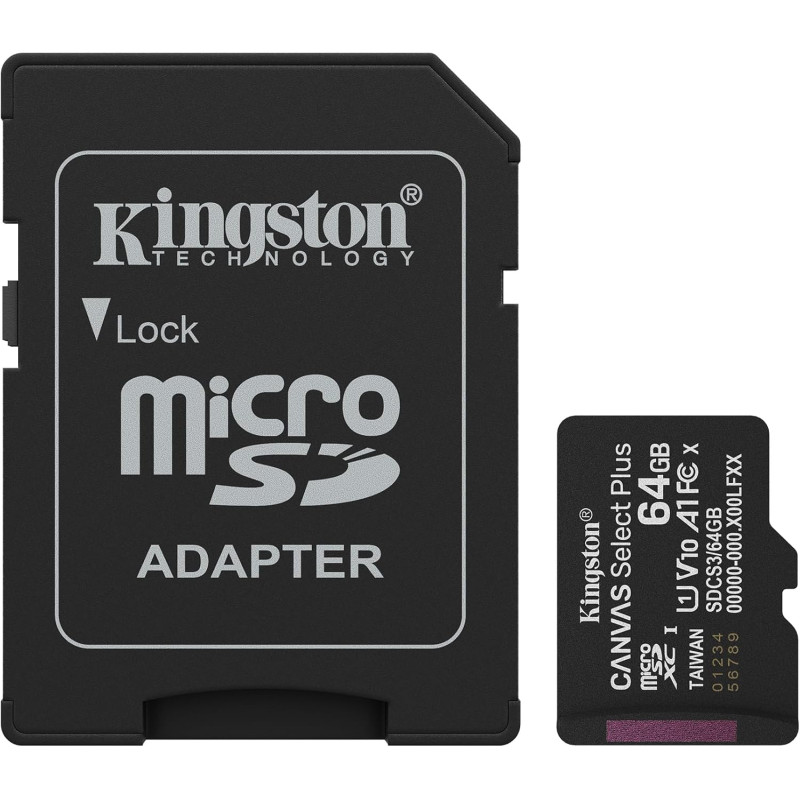 Kingston Canvas Select Plus Carte mémoire microSD 64GB microSDXC Gen3 100MB/s A1 Adaptateur SD Inclus - SDCS3/64GB