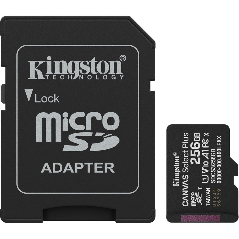 Kingston Canvas Select Plus Carte mémoire microSD 256GB microSDXC Gen3 150MB/s A1 Adaptateur SD Inclus - SDCS3/256GB