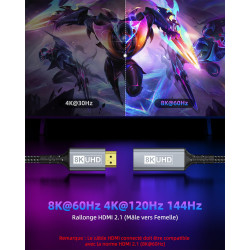 Rallonge HDMI 0.3M Câble, Câble d'extension HDMI 2.1 Mâle vers Femelle 8K@60Hz 4K@120Hz/144Hz 48Gbps, High Speed UHD eARC HDCP 2