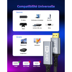 Rallonge HDMI 0.3M Câble, Câble d'extension HDMI 2.1 Mâle vers Femelle 8K@60Hz 4K@120Hz/144Hz 48Gbps, High Speed UHD eARC HDCP 2