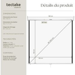 tectake® Écran de Projection 152x152cm, Toile projecteur 85" Format 1:1/16:9/4:3, Compatible HDTV et 3D, Ecran Projection Enroul