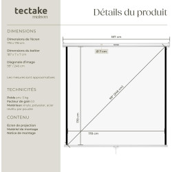 tectake® Écran de Projection 178x178cm, Toile projecteur 99" Format 1:1/16:9/4:3, Compatible HDTV et 3D, Ecran Projection Enroul