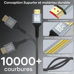 Cable HDMI 5Mètres 10K 8K,Câble HDMI 2.1 Ultra Haute Vitesse 10K 8K@60Hz 4K@120Hz 7680P Supporte HDR10 eARC 3D HDCP 2.2 & 2.3,Co