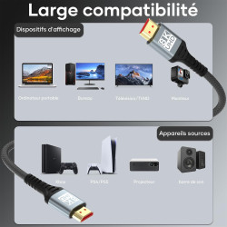 Cable HDMI 5Mètres 10K 8K,Câble HDMI 2.1 Ultra Haute Vitesse 10K 8K@60Hz 4K@120Hz 7680P Supporte HDR10 eARC 3D HDCP 2.2 & 2.3,Co