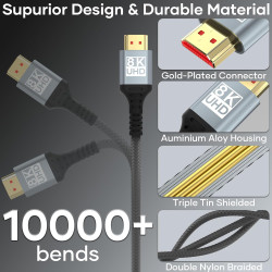 Cable HDMI 2Mètres 10K 8K,Câble HDMI 2.1 Ultra Haute Vitesse 10K 8K@60Hz 4K@120Hz 7680P Supporte HDR10 eARC 3D HDCP 2.2 & 2.3,Co
