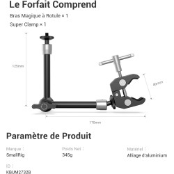 SMALLRIG Super Clamp et Bras Magique Articulé à Friction Réglable de 10 Pouces avec Vis 1/4" pour Moniteur LCD/Lumières LED - 27