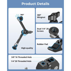 SMALLRIG Pince avec Trous Filetés de 1/4" et 3/8", Bras Articulé Magique Réglable de 9,8 Pouces avec Support de Téléphone pour C