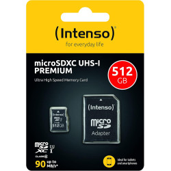 Intenso 512 Go Premium Carte Mémoire microSD avec Adaptateur SD, Classe 10 UHS-I, Vitesse de Lecture maximale de 45 Mo/s de ARCA
