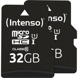 Intenso Carte mémoire microSDHC Premium 2 x 32 Go Classe 10 UHS-I avec Adaptateur SD (jusqu'à 90 Mo/s) Noir