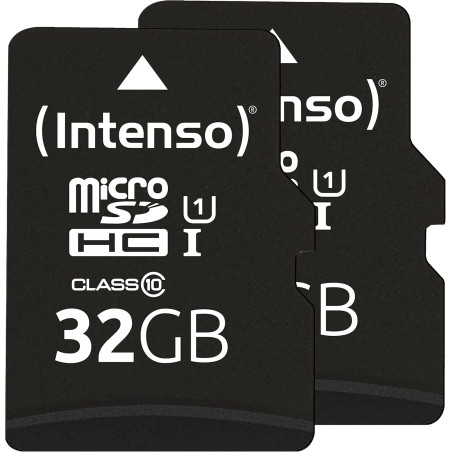 Intenso Carte mémoire microSDHC Premium 2 x 32 Go Classe 10 UHS-I avec Adaptateur SD (jusqu'à 90 Mo/s) Noir