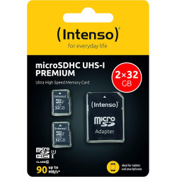 Intenso Carte mémoire microSDHC Premium 2 x 32 Go Classe 10 UHS-I avec Adaptateur SD (jusqu'à 90 Mo/s) Noir