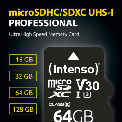 Intenso Carte Mémoire Professional microSDXC 64 Go + Adaptateur, Classe 10, UHS-I U3, V30 Noir