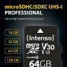 Intenso Carte Mémoire Professional microSDXC 64 Go + Adaptateur, Classe 10, UHS-I U3, V30 Noir