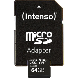 Intenso Carte Mémoire Professional microSDXC 64 Go + Adaptateur, Classe 10, UHS-I U3, V30 Noir