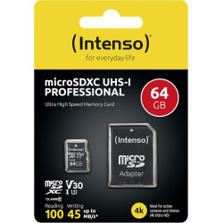 Intenso Carte Mémoire Professional microSDXC 64 Go + Adaptateur, Classe 10, UHS-I U3, V30 Noir