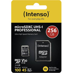 Intenso Carte mémoire microSDHC Professionnelle 256 Go Classe 10 UHS-I, U3, V30 avec Adaptateur SD, pour Enregistrement 4K, GoPr