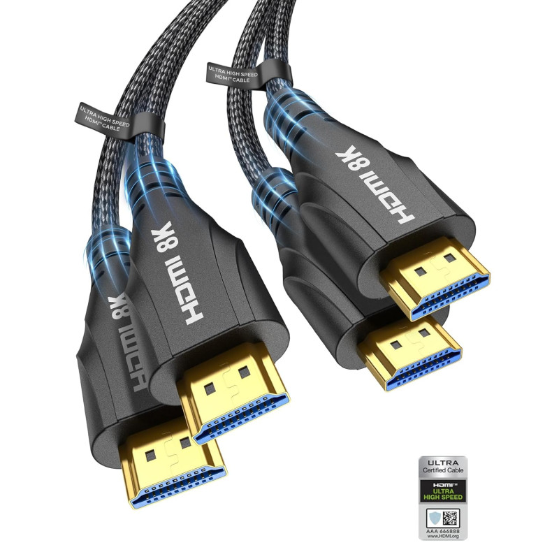 Cratree 10K 8K Câble HDMI 1m Lot de 2,Certifié Ultra Haute Vitesse Câble HDMI 4K 120Hz 8K 60Hz 48Gbps,Supporte eARC HDCP 2.2 2.3