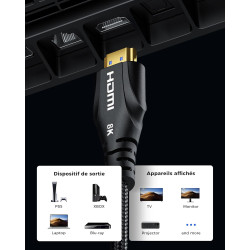 Cratree 10K 8K Câble HDMI 1m Lot de 2,Certifié Ultra Haute Vitesse Câble HDMI 4K 120Hz 8K 60Hz 48Gbps,Supporte eARC HDCP 2.2 2.3