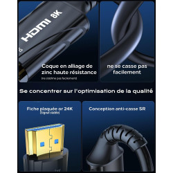 Cratree Câble HDMI Fibre Optique 15m- Câble HDMI 48gbps, 8K@60HZ, 4k@120hz, HDCP 2.2 et 2.3, hdr10, Compatible avec PS5 Blu-Ray 
