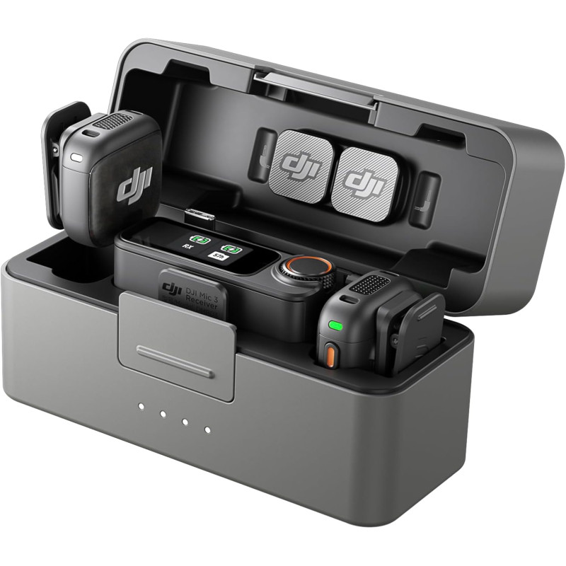DJI Mic 3 (2 TX + 1 RX + Boîtier de Recharge), Microphone sans Fil pour iPhone/caméra/Android, ultraléger, contrôle de Gain adap