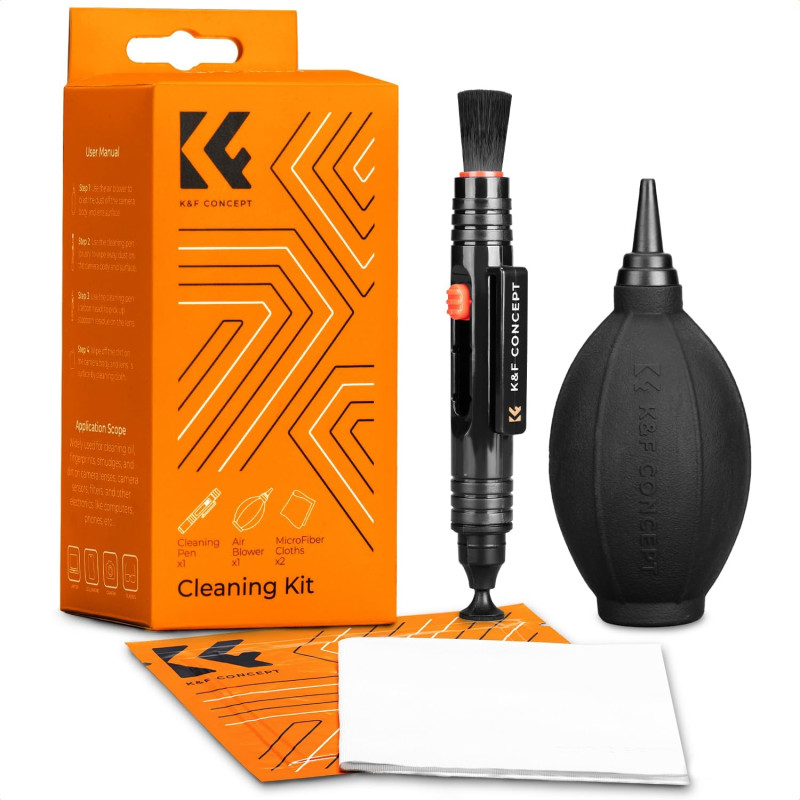 K&F CONCEPT Kit de Nettoyage 4 en 1 (Pinceau de Nettoyage + Chiffon Microfibre + Poire pour Photo) pour Objectif de Caméra Refle