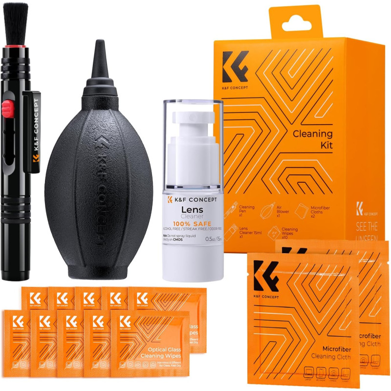 K&F CONCEPT 15 en 1 Kit de Nettoyage Photo : Poire Soufflante+2*Chiffon Emballé sous Vide+10*Lingettes+Stylo+15ml Liquide Soluti