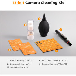 K&F CONCEPT 15 en 1 Kit de Nettoyage Photo : Poire Soufflante+2*Chiffon Emballé sous Vide+10*Lingettes+Stylo+15ml Liquide Soluti